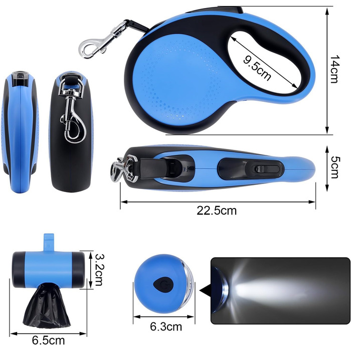 Леєнка для собак MoYouno 8 м з відтягувачем та тримачем для пакетів, синього кольору