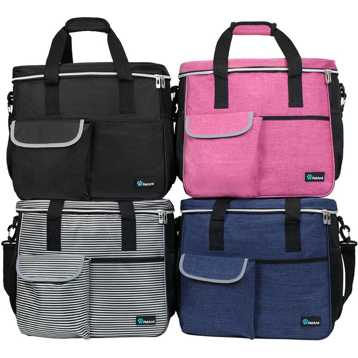 PetAmi переносна сумка для собак, відповідна вимогам авіакомпаній, органайзер з багатофункціональними кишенями, контейнер для їжі та складний миска, чорний, велика (L 37 x B 20 x H 30 cm), смужка, чорний