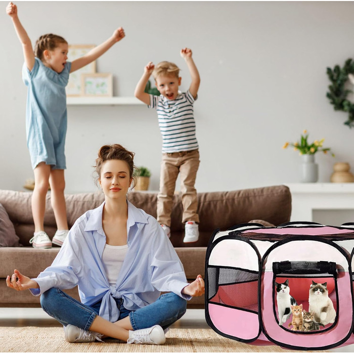 Клітка-бігове подвір'я для тварин BRIMOREA, 74x74x43 см, рожева. Підходить для собак, котів, кроликів та інших дрібних тварин, для дому та вулиці.