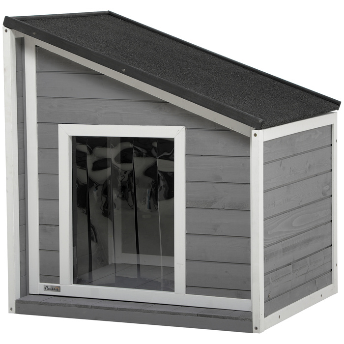 PawHut Dog House Атмосферостійка будка для собаки з ялинового дерева з асфальтовим дахом і дверною шторою сіра 71x58x53/77см для маленьких собак