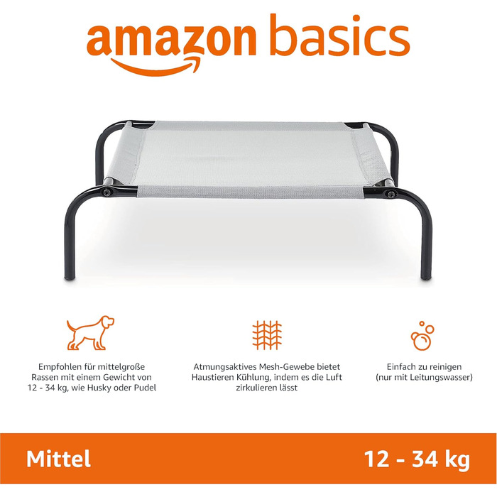 Підняте охолоджувальне ліжко для собак Amazon Basics, сіре, розмір M, 110×65×19 см