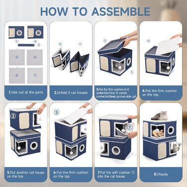 Кітчине гніздо Shikha, великий будиночок для котів, 3-ярусний куб для котів з дряпалкою та іграшкою, 61x45x32 см, блакитний