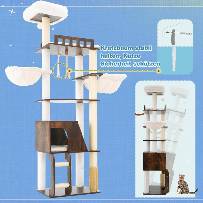 Дерев'яний кігтеточки Hey-brother Holz Kratzbaum 184 см для великих котів, багатоярусний, з платформою, корзиною, будиночком, щіткою та драбиною (Brun Vintage) EMPJ121WB
