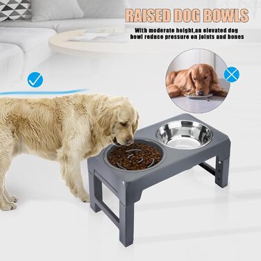 Підвищений годівниця для собак, регульована висота, підставка, 4 рівні, повільне годування, миска для собак з нержавіючої сталі для малих, середніх та великих собак (сіра)