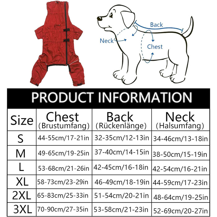 Водонепроникний дощовик для собак на 4 лапи з отвором для шлейки, червоний, XXXL