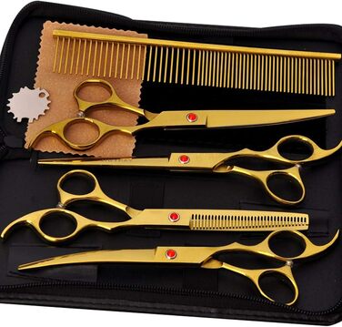 Набір ножиць для грумінгу собак, 7 дюймів, професійний набір для догляду за тваринами, нержавіюча сталь, вигнуті ножиці, ножиці для розрідження, гребінець для грумінгу собак і котів, 5 шт. (Золотий)