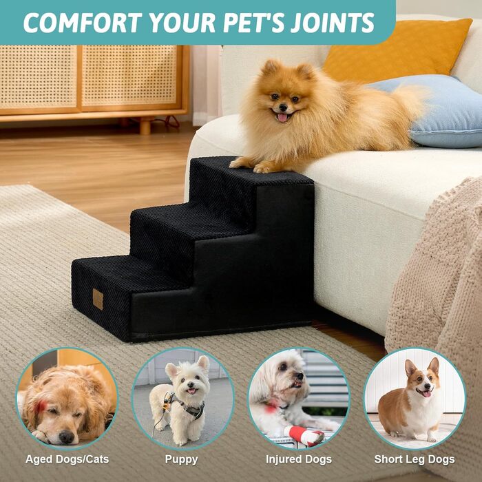 Сходинка для собак, 3 ступені, для ліжка, дивана, авто, 5 см, знімний чохол (60x5x5 см, чорний)