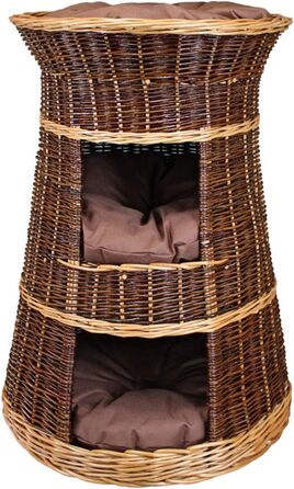 Корзина для котів для сну – котяча хатинка для дому – розмір 43 x 49 x 70 см, кругла – котяча печера з лози, трирівневе ліжко для собак або котів з пральними подушками в бежевому кольорі – лакована корзина (коричневі подушки)