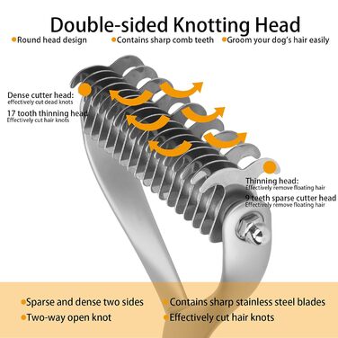 Гребінець для собак з довгою шерстю, гребінець для котів 2-сторонній для підшерстка з лезами Rotfrei, зрізач вузлів та інструмент для догляду за шерстю - Ефективне видалення вузлів, делікатний до шкіри, для собак з довгою шерстю (Срібний, L)