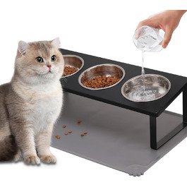 Підвищена годівниця для котів з килимком, нахилена під кутом 15°, миска для їжі та води, що запобігає блювоті, 2 шт. з нержавіючої сталі для котів та цуценят (Сірий) Сірий-2 миски (Чорний-3 миски)