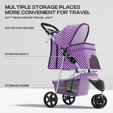 Дитяча коляска для котів та собак, 3 колеса, фіолетовий принт, з кошиком та тримачем для напоїв