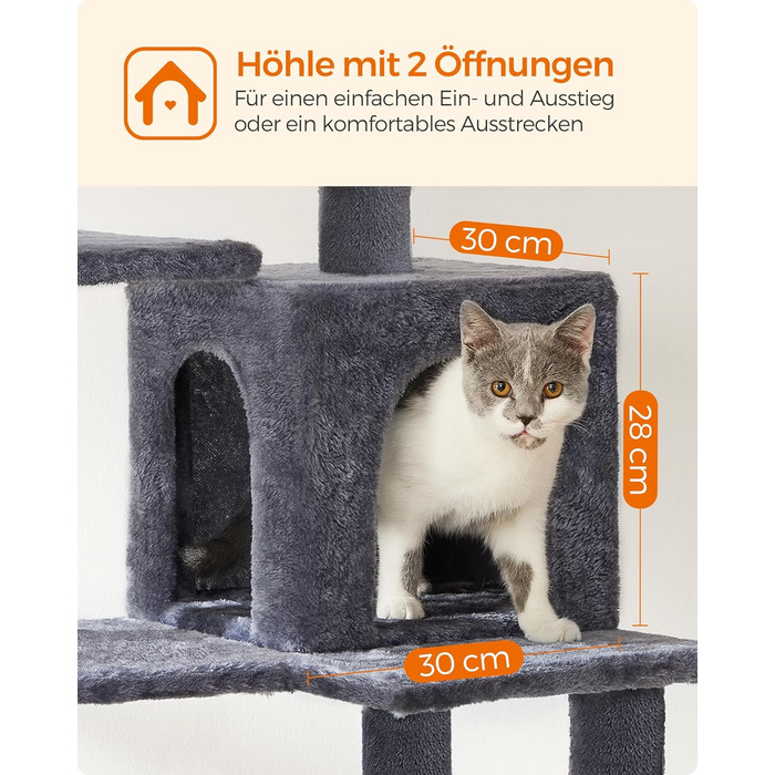 Дім-кіготник для котів Feandrea, 143 см, з 4 стовпчиками для шліфування, 2 платформами, гамаком, печерею, сірий, PCT161G01 L (55 x 45 x 143 см)