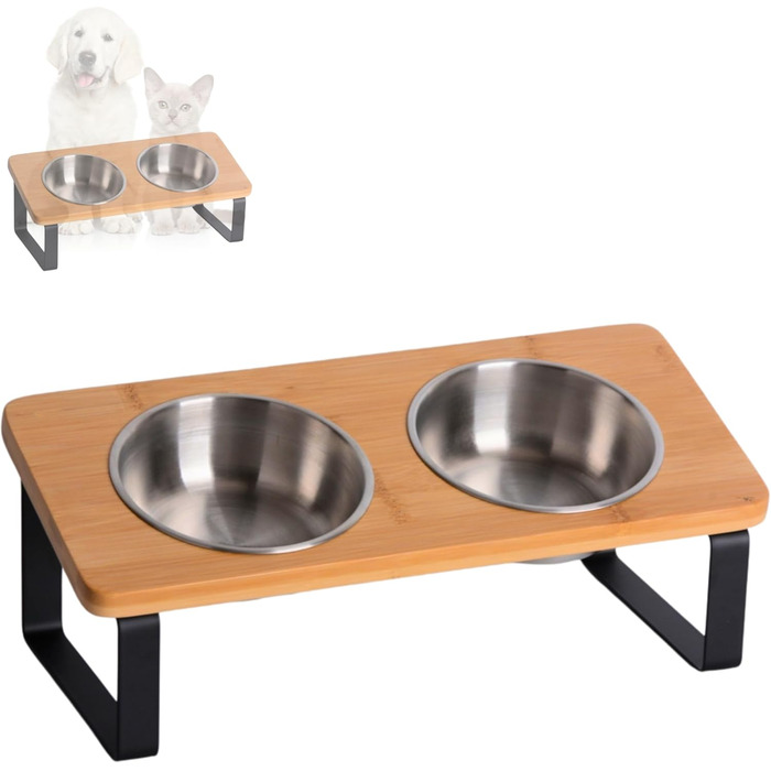 Підвищена годівниця для котів, ергономічна миска для котів, годівниця з кераміки та дерева, піднята годівниця для котів та маленьких собак (бамбук - нержавіюча сталь)