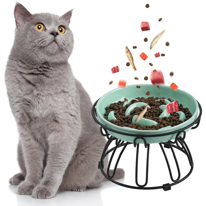 Підвищена годівниця для котів Anti Schling Napf - керамічна миска з антиковзним металевим підставкою, серія Pastel, повільне годування, інтерактивна лабіринтова годівниця, м'ятно-зелений колір