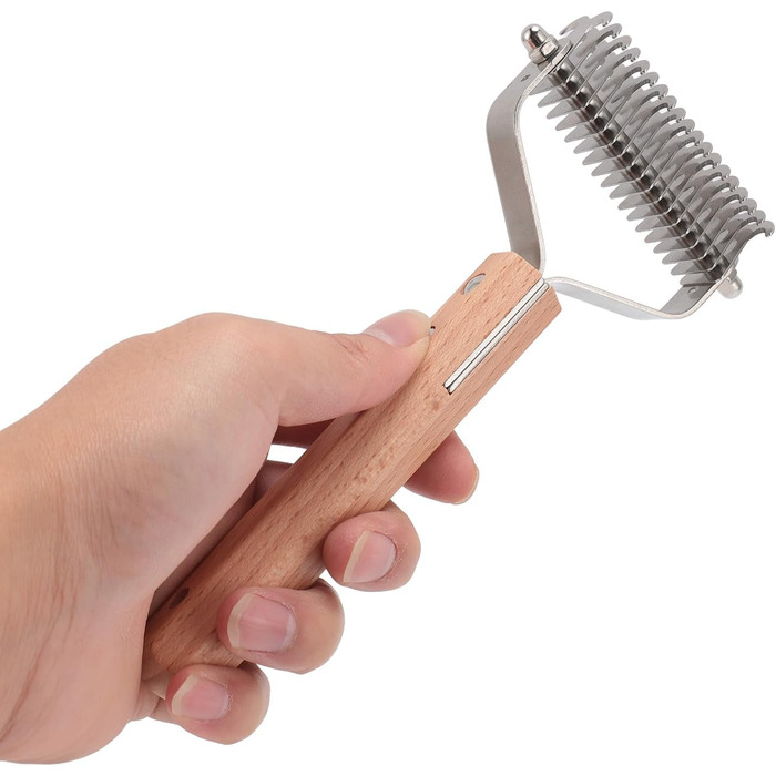 Гребінець для видалення підшерстка для тварин з нержавіючої сталі, двосторонній, з закругленими зубцями, зручна ручка з антиковзким дерев'яним покриттям, для всіх порід