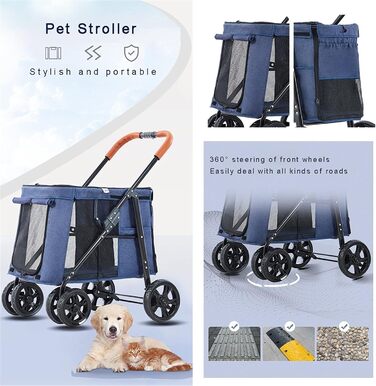 Візок для собак великих порід, прогулянковий візок для тварин до 30 кг, універсальний для собак, котів та інших домашніх улюбленців. Складаний, сірий колір.