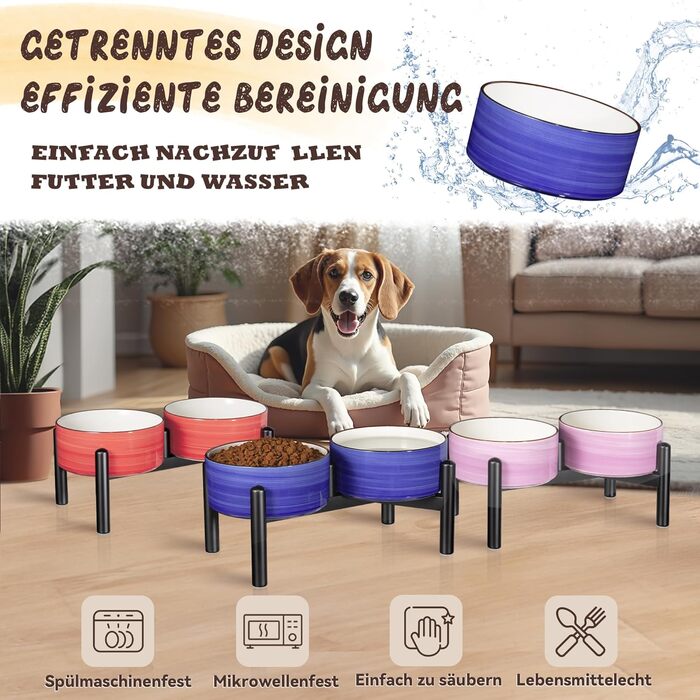 Керамічна годівниця для собак на підставці з нержавіючої сталі - подвійна годівниця для маленьких та середніх собак, антиковзаюча, для корму та води, 350г/660мл, 15см, блакитна