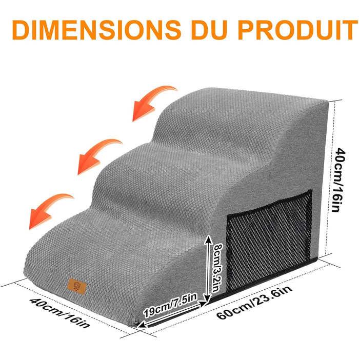 Сходинки для собак Masthome: 3 ступені, 40 см, для маленьких собак та котів, сірі, з губки