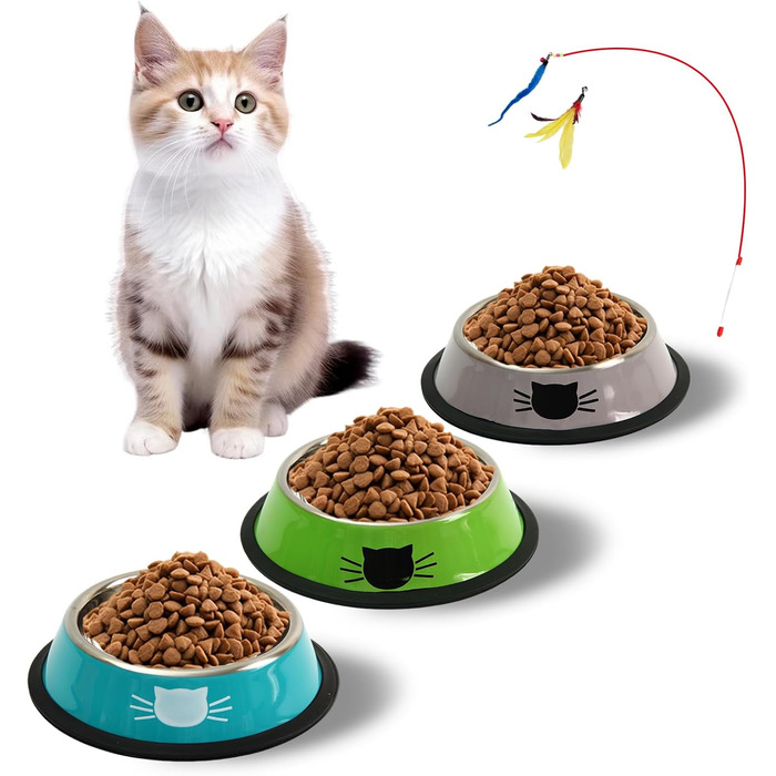 Набір мисок для котів 3 шт. + іграшка для котів, миски для корму котів, миски з нержавіючої сталі, годівниця для котів, миска для води, для котів та маленьких собак (Синій + Зелений + Срібло)