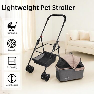 Складаний візок для тварин Tierwagen для собак та котів, легкий та компактний, знімний кошик, темно-персиковий/темно-сірий