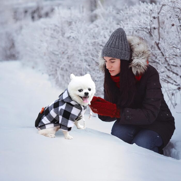 Пуловер для собак з візерунком, м'який фліс, капюшон, кишеня на блискавці, зимовий теплий одяг, бавовна, розміри S-5XL (3-Large, чорний та білий в клітинку)