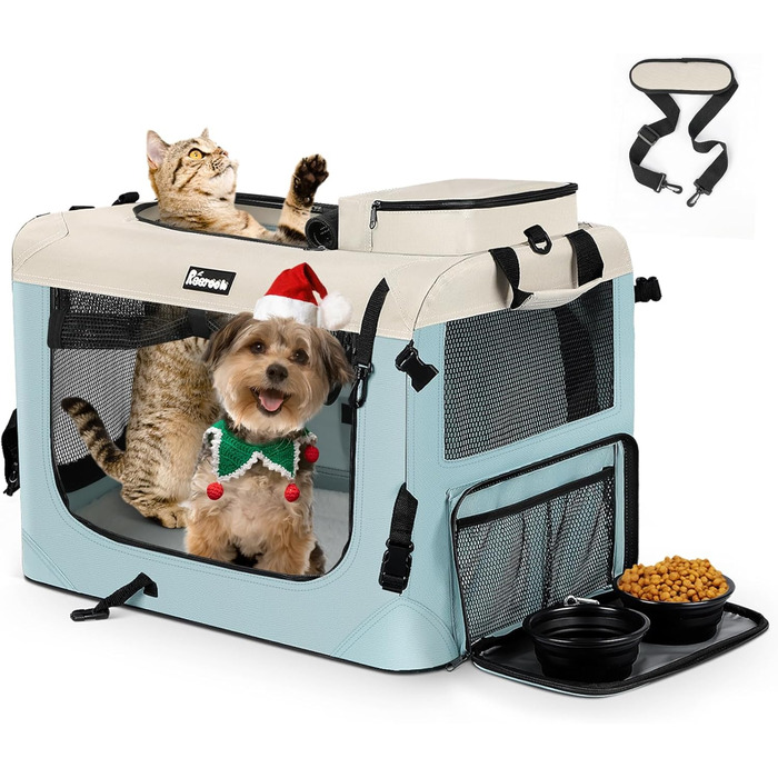 Транспортна переноска для собак та котів Reerooh Hundebox M, 60x42x42 см, складана, з мискою, блакитна