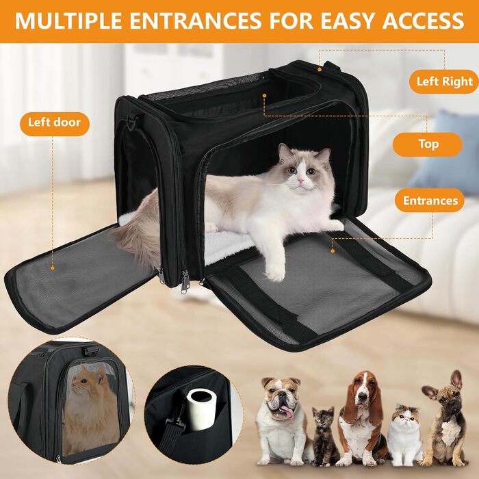 Транспортна сумка для тварин: складана переноска для кота та собаки, легка переноска з плечовим ременем, дихаюча переноска для подорожей та авто (чорна)