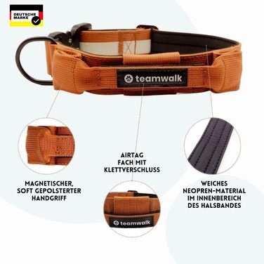 teamwalk® Преміум нашийник для собак з магнітною ручкою, світловідбиваючими вставками, кишенею для AirTag, регульований, м’яка підкладка, міцна застібка, доступний з повідком, полегшена модель (M)