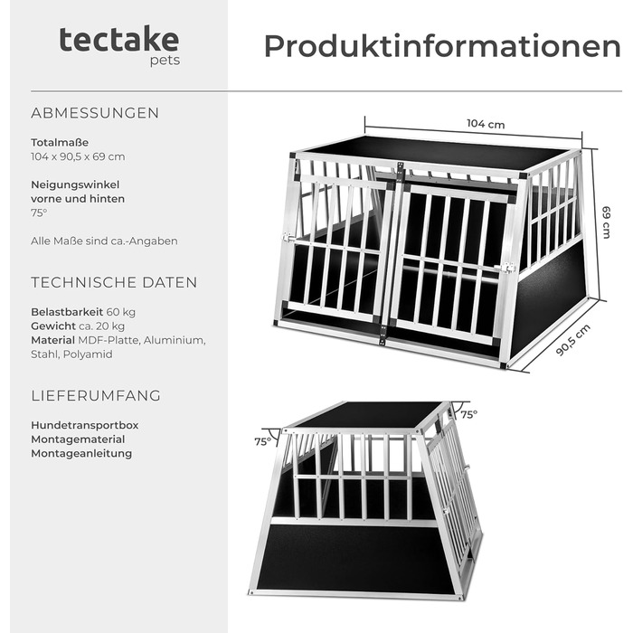 Транспортна переноска для собак tectake® - алюмінієва переноска для автомобіля та дому (104 x 90,5 x 69 см, Double)