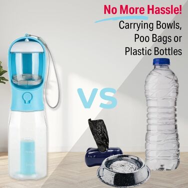 Портативна пляшка для собак PANJAL, 600 мл, 4-в-1, витокозахисна, без BPA, з дозатором відходів, відділенням для ласощів, фільтром – для прогулянок, походів, подорожей, блакитна
