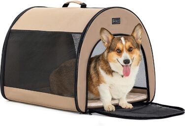 Складана переносна собача клітка Petsfit M, дихаюча, з вигнутим дизайном, антивідкривним замком і плюшевою подушкою, колір хакі, для дому
