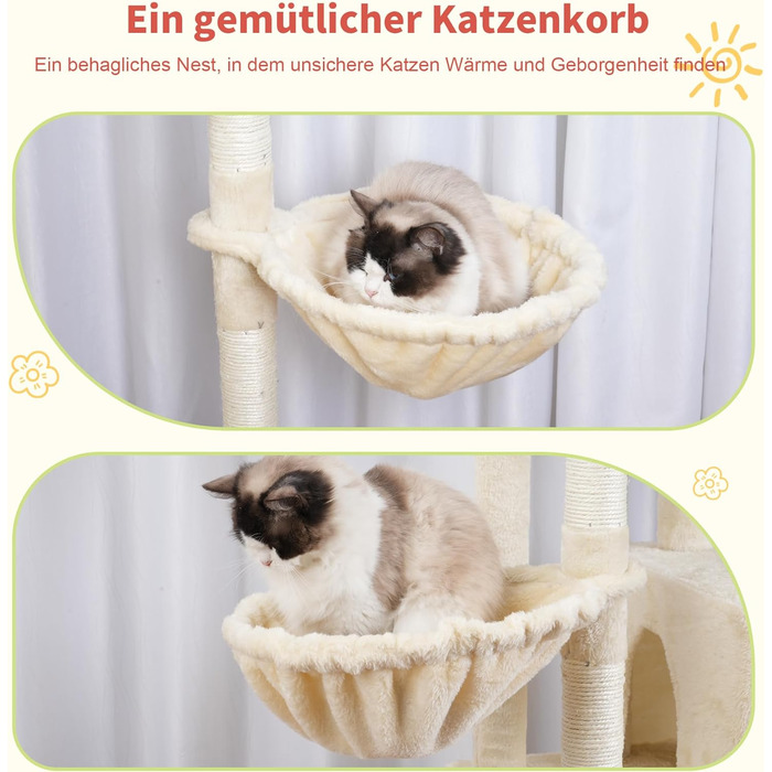 Котячий будиночок Hey-brother XXL для великих котів, 180 см, стабільний, з 3 платформами, 3 печерами та 2 котячими будиночками (Бежевий)