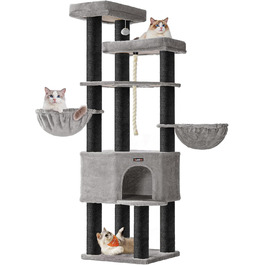 Кігтеточка Feandrea для котів, велика, багатоярусна, XXL, 55 x 55 x 186,7 см, товщина сизалю 11 см, для великих порід котів (Мейн-кун), сіро-чорна, артикул PCT008G02