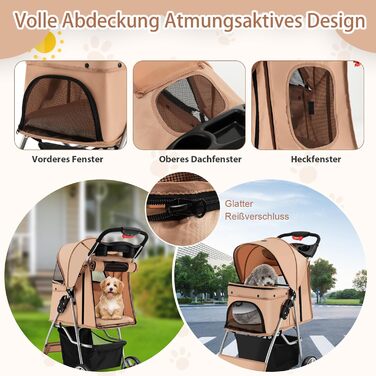 Собачий візок SOARS для тварин до 15 кг, складний, з сітковими віконцями, тримачем для напоїв та кошиком для зберігання, для маленьких тварин (Бежевий)