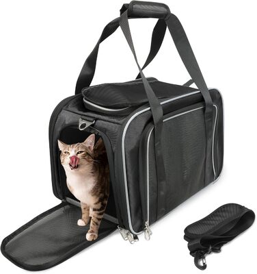 Складана переносна сумка-переноска для котів та маленьких собак, чорна. Підходить для подорожей на авто, літаку або поїзді.