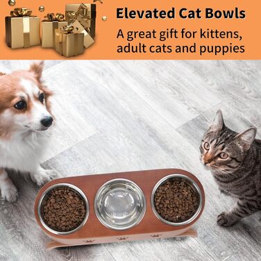 Набір мисок для котів JAZUIHA (3 шт.) з підняттям, ергономічні, 15° нахил, регульована висота, дерев'яний підставник, нержавіюча сталь Ø12 см, темно-коричневий