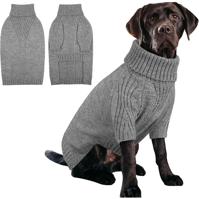 Теплий в'язаний пуловер для великих собак, термо-пуловер, святковий пуловер, ролkragen для великих собак, чорний. Підходить для хлопчиків та дівчаток.