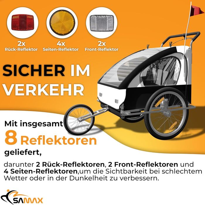 SAMAX Fahrradanhänger Jogger 2в1: Дитячий велопричіп-коляска для 2 дітей, підвісна вісь, білий/чорний - срібна рама