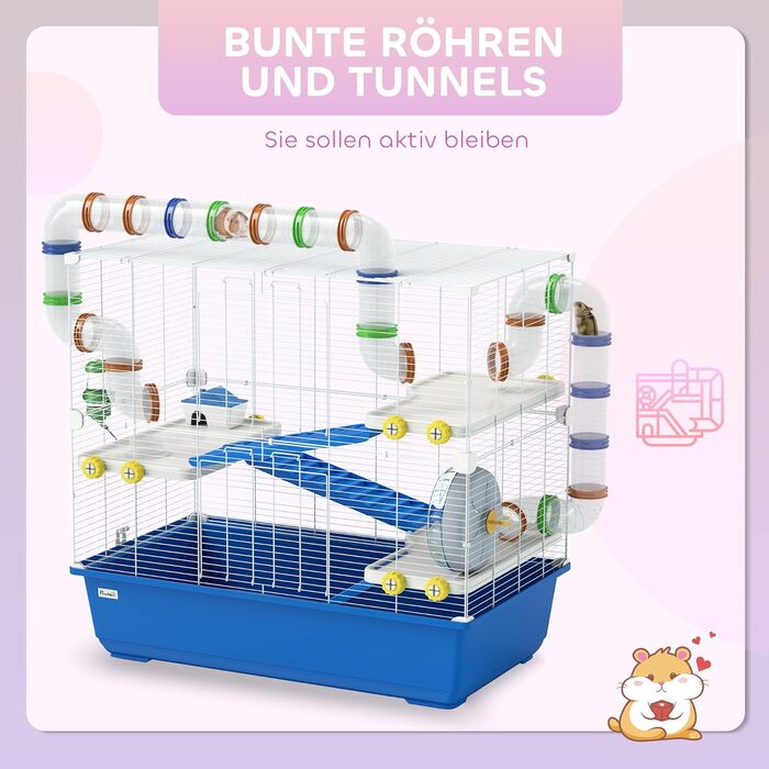 Клітка для хом'яків PawHut 4-ярусна, для дрібних тварин, з аксесуарами (лабіринт, годівниця), блакитна, 78 x 45 x 73 см