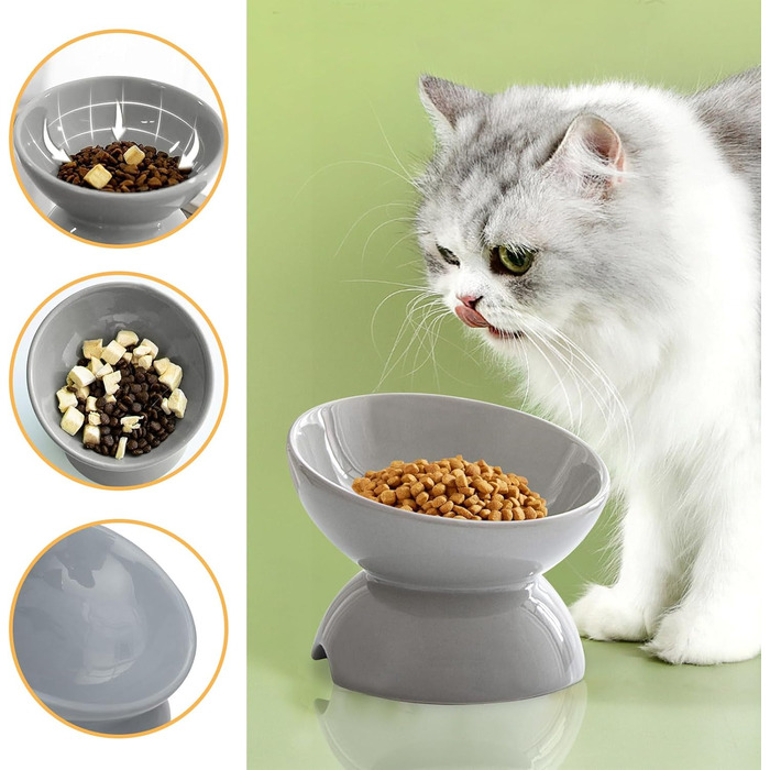 Підвищені годівниці для котів 2 шт. - керамічні миски для корму з захистом від перекидання, білі та сірі