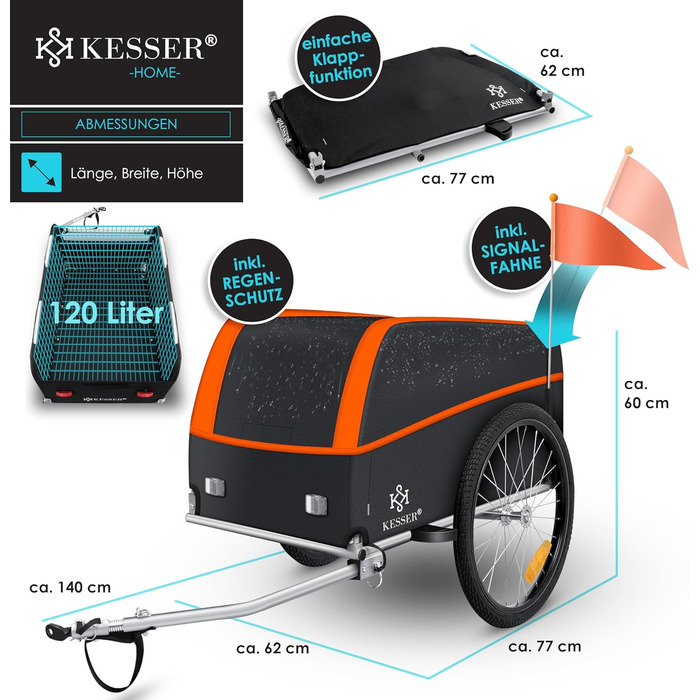KESSER® Причіп для велосипеда вантажний, 120 літрів, оранжевий/антрацитовий, з дахом та функцією складання