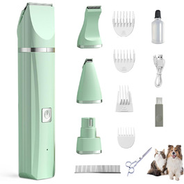 Машина для стрижки собак та котів 4-в-1, з 4 насадками, триммер для лап, точилка для кігтів, вологостійка, для тіла, обличчя, зеленого кольору