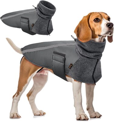 Зимова куртка для собак SlowTon з флісу, з коміром-гетром, світловідбиваючими смугами, регулюванням, водонепроникна та вітронепроникна для цуценят та собак (Сірий, M+)
