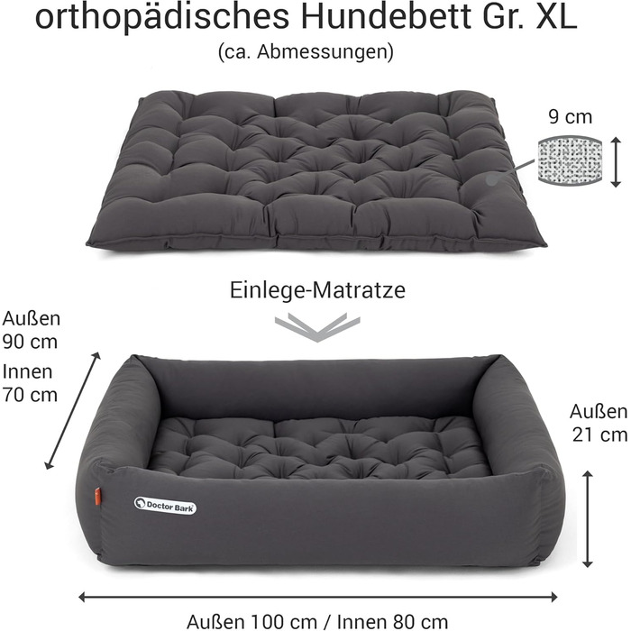 Ортопедичне ліжко для собак Doctor Bark - великі породи, XL (100x90 см), сірий колір, миється до 95°C, гігієнічне