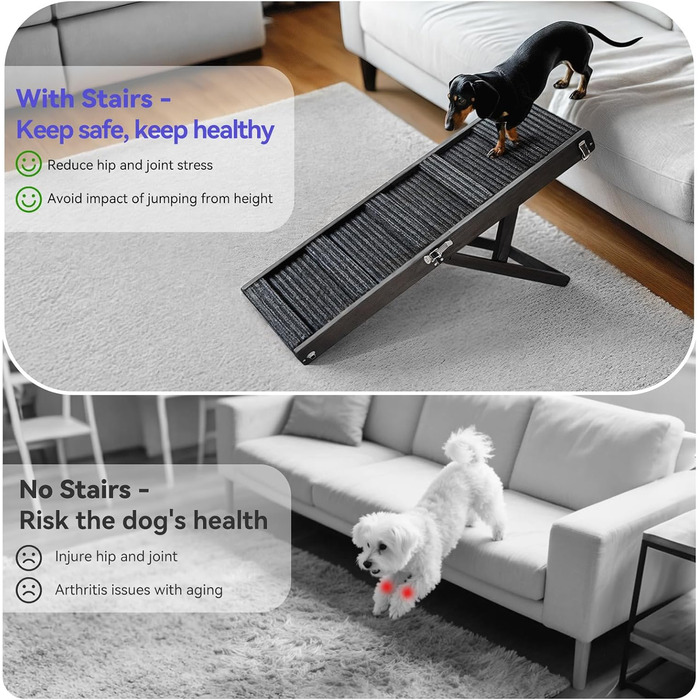 Рампа для собак Pawaboo: дерев'яна сходинка для домашніх тварин, 4 регульовані висоти, 13,6'-21', для маленьких собак і котів, з антиковзною поверхнею, чорна (80x30 см)
