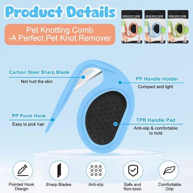 Кгребінець для розчісування вузлів у собак та котів Meetory (3 шт.), масажний гребінець 3-в-1, видалення ковтунів, видалення шерсті