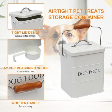 Контейнер для корму для собак з металу, 2.3 кг – герметичний контейнер для зберігання корму з кришкою, дерев'яною ручкою та ложкою – білий контейнер для сухого корму, ласощів, печива для собак – вінтажна коробка для запасів