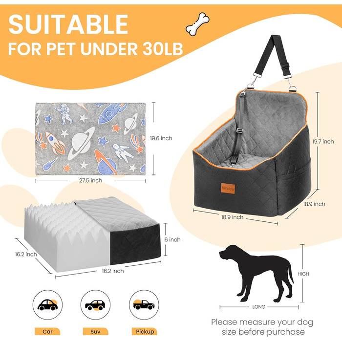 Автокрісло для собак маленьких порід з водонепроникною підстилкою, Memory Foam, до 13,6 кг, з кишенями, антиковзаюче, для переднього та заднього сидіння