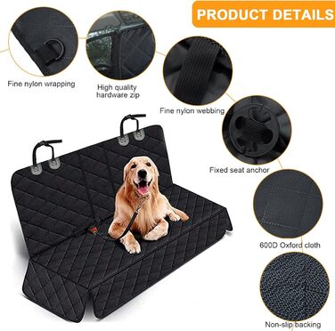 Захист для заднього сидіння авто для собак, водовідштовхувальний, з кріпленням для ременів безпеки, чорний