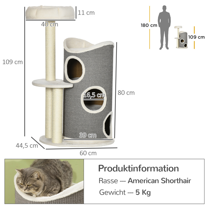 PawHut Cat Tree 109 см Cat Tree з кігтеточкою та лежаком для кішки, колони з сизалю, сучасний у білому сірому кольорі для любителів кішок